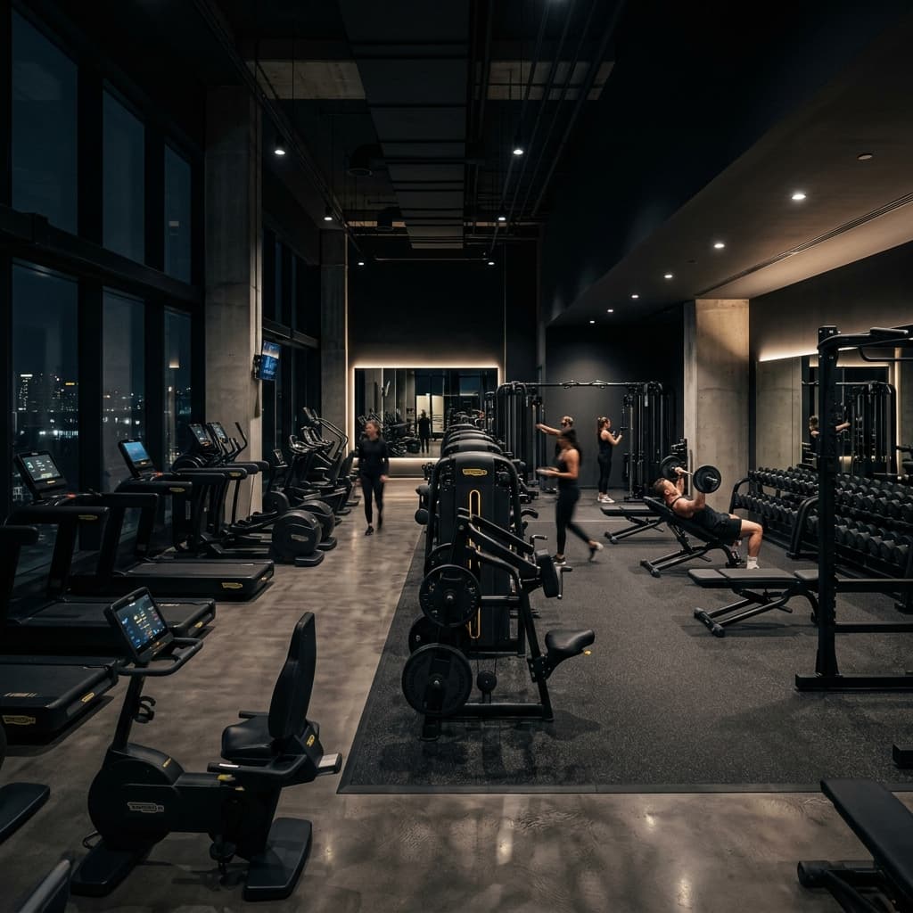 Dark luxury gym interior with premium equipment