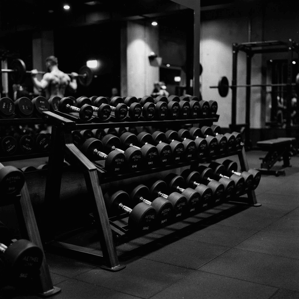 Free weights area with racked dumbbells