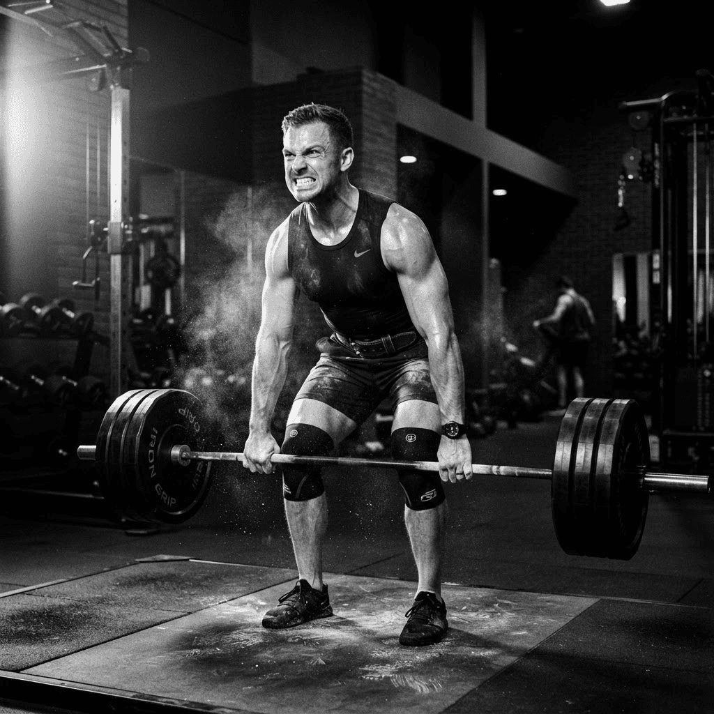 Member performing a barbell deadlift