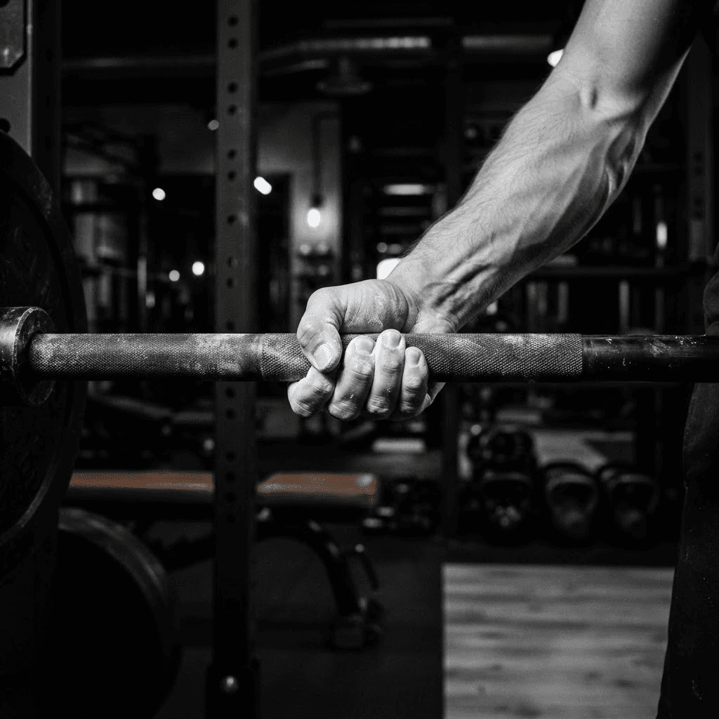 Close-up of chalked hands gripping a barbell
